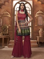 Bright Maroon Gajji Silk Readymade Sharara Suit